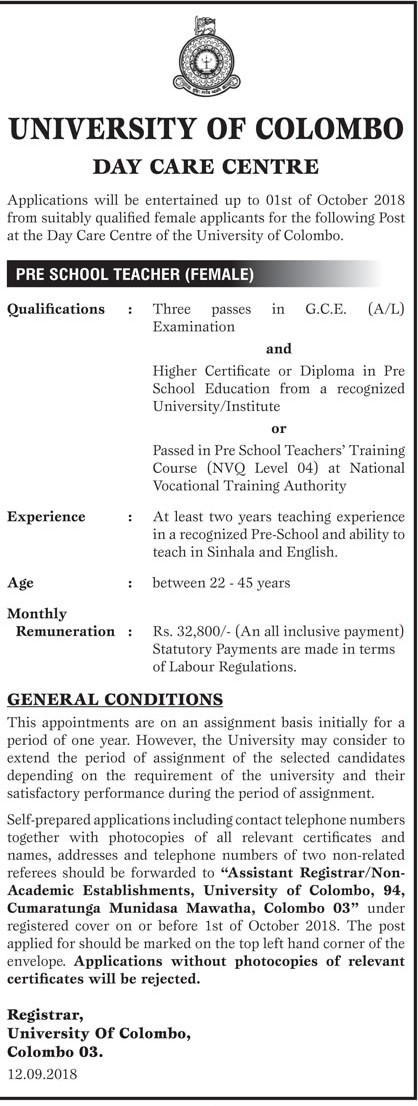 Pre School Teacher (Female) - Day Care Centre - University of Colombo